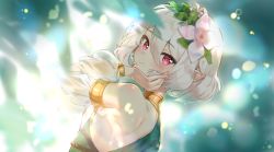 Rule 34 | armband, bare shoulders, blurry, blurry background, breasts, cheli (kso1564), choker, detached sleeves, elf, flower, hair between eyes, hair flower, hair ornament, highres, kokkoro (princess connect!), looking at viewer, looking back, pointy ears, princess connect!, princess connect!, red eyes, short hair, sidelocks, small breasts, smile, upper body, white hair