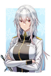 Rule 34 | 1girl, blue background, border, breasts, commentary request, crossed arms, expressionless, hair between eyes, highres, kengzeta, knight, large breasts, long hair, looking at viewer, original, red eyes, snowflake background, solo, sword, two-tone background, weapon, white border, white hair