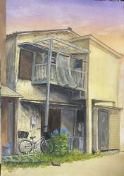 Rule 34 | air conditioner, balcony, bicycle, bicycle basket, blue flower, building, door, flower, grass, highres, hkwryyy pepe, house, ladder, no humans, original, painting (medium), plant, recycle bin, sky, traditional media