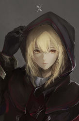 Rule 34 | 1girl, arm up, artoria pendragon (fate), black gloves, blonde hair, brown eyes, fate/grand order, fate (series), gloves, grey background, hair between eyes, highres, long hair, looking at viewer, marumoru, mysterious heroine x alter (fate), mysterious heroine x alter (third ascension) (fate), signature, solo, upper body