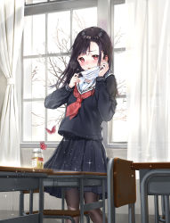 Rule 34 | 1girl, animal, bare tree, black hair, black serafuku, black shirt, black skirt, blush, bottle, brown pantyhose, bug, butterfly, chair, commentary request, curtains, desk, highres, holding, holding mask, indoors, insect, long hair, long sleeves, looking at viewer, macciatto (aciel02), mask, mouth mask, neckerchief, open mouth, original, pantyhose, pleated skirt, red eyes, red neckerchief, sailor collar, school chair, school desk, school uniform, serafuku, shirt, skirt, solo, standing, surgical mask, sweat, tree, white sailor collar, window
