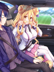 Rule 34 | &gt; &lt;, 1boy, 1girl, black thighhighs, blonde hair, blue hair, blue ribbon, breasts, car interior, commentary request, date a live, day, double bun, hair between eyes, hair bun, hair ornament, hair ribbon, highres, hoshimiya mukuro, itsuka shidou, large breasts, long hair, looking at viewer, open mouth, playing with own hair, purple shirt, ribbon, seatbelt, shirt, skirt, thighhighs, tsubasaki, twitter username, very long hair, white thighhighs, yellow eyes