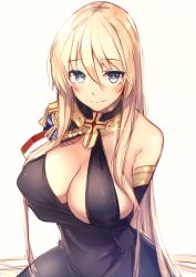 1girl alternate_costume arms_under_breasts azur_lane bad_id bad_twitter_id bismarck_(azur_lane) bismarck_(beacon_of_the_iron_blood)_(azur_lane) black_dress black_gloves blonde_hair blue_eyes breasts choker cleavage commentary_request cross dress elbow_gloves epaulettes glint gloves hair_between_eyes highres large_breasts long_hair looking_at_viewer sakura_cha simple_background smile solo very_long_hair white_background yellow_background