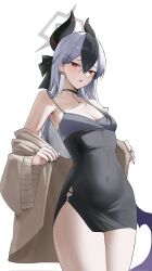 Rule 34 | 1girl, armpits, black choker, black dress, black hair, black horns, blue archive, blush, breasts, choker, cleavage, cowboy shot, demon horns, demon wings, dress, ear piercing, earrings, grey hair, grey halo, grey jacket, hair between eyes, halo, highres, horns, jacket, jewelry, kayoko (blue archive), kayoko (dress) (blue archive), long hair, long sleeves, medium breasts, o cha (seyc3447), official alternate costume, open clothes, open jacket, open mouth, piercing, purple wings, red eyes, simple background, single wing, solo, white background, wings