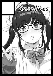 Rule 34 | 1girl, ahoge, black border, blush, border, bow, bowtie, circle cut, collared shirt, commentary request, glasses, greyscale, hand up, looking at viewer, monochrome, original, parted lips, satetsu, school uniform, shirt, simple background, sleeves past wrists, solo, twintails, upper body, v, white background, wing collar