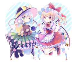 Rule 34 | 2girls, alternate costume, alternate wings, apron, back bow, black footwear, black headwear, black socks, blonde hair, bloomers, bow, bowtie, center frills, closed mouth, collared shirt, enmaided, flandre scarlet, frilled apron, frilled shirt collar, frilled skirt, frilled sleeves, frills, full body, green eyes, green skirt, grey hair, hat, hat bow, hat ribbon, heart-shaped bag, hiyuu (hiyualice), holding, holding stuffed toy, komeiji koishi, large bow, light smile, long sleeves, looking at viewer, maid, medium hair, mob cap, multiple girls, one eye closed, one side up, open mouth, puffy short sleeves, puffy sleeves, red bow, red bowtie, red eyes, red footwear, red skirt, ribbon, shirt, short sleeves, simple background, skirt, socks, star ornament, striped clothes, striped socks, stuffed animal, stuffed toy, teddy bear, third eye, touhou, underwear, vertical-striped clothes, vertical-striped socks, white apron, white background, white bloomers, white bow, white headwear, white shirt, wings, yellow bow, yellow ribbon, yellow shirt