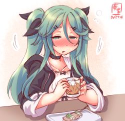 Rule 34 | 10s, 1girl, alternate costume, alternate hairstyle, blush, casual, choker, collarbone, commentary request, contemporary, cup, dated, drinking glass, drunk, food, green eyes, green hair, hair ribbon, half-closed eyes, highres, hood, hooded jacket, iced tea, jacket, kanon (kurogane knights), kantai collection, long hair, ribbon, sketch, solo, twintails, yakitori, yamakaze (kancolle)