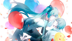 Rule 34 | 1boy, 1girl, absurdres, all fours, aqua eyes, aqua hair, aqua nails, aqua necktie, balloon, bare shoulders, black pants, black skirt, black sleeves, black thighhighs, blurry, blurry background, chinese commentary, commentary, detached sleeves, genderswap, genderswap (ftm), grey shirt, hair ornament, hatsune miku, hatsune mikuo, hetero, highres, huge filesize, key asan, long hair, looking at another, miniskirt, nail polish, necktie, pants, petals, pleated skirt, shirt, sitting, skirt, sleeveless, sleeveless shirt, thighhighs, twintails, very long hair, vocaloid