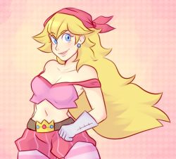 Rule 34 | 1girl, bandana, bare shoulders, blonde hair, blue eyes, breasts, captain syrup, cleavage, cosplay, crop top, earrings, gloves, jewelry, long hair, mario (series), midriff, nintendo, off shoulder, pantyhose, pizzaday, princess peach, smile, solo, wario land, white gloves