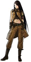 Rule 34 | 1girl, advance wars, advance wars: days of ruin, armband, black hair, boots, camouflage, female focus, fighter, full body, game, gloves, hiroaki (kof), lin (advance wars), long hair, midriff, military, nintendo, official art, pocket, simple background, solo, standing, swept bangs, very long hair, war, white background