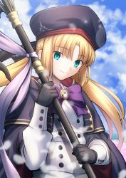 Rule 34 | 1girl, artoria caster (fate), artoria caster (second ascension) (fate), artoria pendragon (fate), blonde hair, blue sky, blurry, bokeh, buttons, cape, cloud, cowboy shot, depth of field, double-breasted, fate/grand order, fate (series), green eyes, hat, highres, long hair, looking at viewer, neck ribbon, purple ribbon, ribbon, shoori (migiha), sky, smile, solo, staff, twintails, type-moon