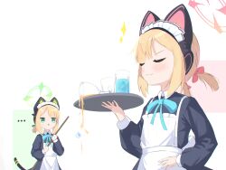 Rule 34 | ..., 2girls, animal ear headphones, animal ears, apron, black dress, blonde hair, blue archive, blue ribbon, blush, broom, cat ear headphones, cat tail, closed eyes, closed mouth, commentary request, dress, fake animal ears, fake tail, green eyes, green halo, green ribbon, hair ribbon, halo, hand on own hip, headphones, highres, holding, holding broom, holding tray, kattowu, long sleeves, maid, maid apron, maid headdress, midori (blue archive), midori (maid) (blue archive), momoi (blue archive), momoi (maid) (blue archive), multiple girls, neck ribbon, parted lips, pink halo, pink ribbon, puffy long sleeves, puffy sleeves, ribbon, short hair, short twintails, siblings, sisters, sparkle, spilling, tail, tray, twintails, upper body, white apron