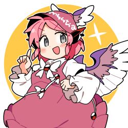 1girl :d animal_ears bird_ears bird_wings blush brown_dress brown_hat collared_shirt dot_nose dress earrings frilled_dress frills grey_eyes hand_up hat highres index_finger_raised ini_(inunabe00) jewelry long_sleeves looking_at_viewer mystia_lorelei open_mouth outline pink_hair shirt short_hair single_earring sleeve_garter smile solo touhou two-tone_background upper_body v-shaped_eyebrows white_background white_outline white_shirt winged_hat wings yellow_background