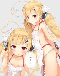 Rule 34 | 1girl, :o, ahoge, ahoge wag, alternate costume, apron, arms behind back, azur lane, bag, blonde hair, blush, breasts, candy, chocolate, chocolate heart, closed mouth, collarbone, commentary request, eldridge (azur lane), expressive hair, facial mark, food, frilled apron, frills, fujieda uzuki, grey background, grey panties, hair ornament, heart, heart ahoge, highres, holding, holding bag, holding food, long hair, looking at viewer, multiple views, nearly naked apron, panties, parted lips, red eyes, sidelocks, simple background, small breasts, translation request, twintails, underwear, valentine, very long hair, white apron