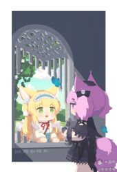 Rule 34 | 2girls, :d, animal ears, arknights, black dress, black headwear, blonde hair, blue butterfly, bug, butterfly, cardigan, chinese commentary, colored tips, commentary request, dress, fox ears, fox girl, fox tail, frilled hairband, frills, green eyes, green hairband, green skirt, hairband, hat, highres, holding, holding stuffed toy, insect, kitsune, kyuubi, long hair, long sleeves, luchiluchi, morte (arknights), multicolored hair, multiple girls, multiple tails, neck ribbon, official alternate costume, open mouth, purple eyes, purple hair, red ribbon, ribbon, shamare (arknights), shamare (echo of the horrorlair) (arknights), shirt, short hair, short sleeves, skirt, smile, stuffed toy, stuffed wolf, suzuran (arknights), suzuran (spring praise) (arknights), tail, twintails, two-tone hair, white hair, white shirt, yellow cardigan
