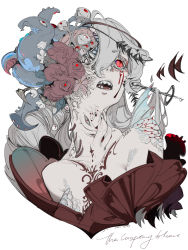 Rule 34 | 1girl, absurdres, arknights, body horror, brain, character name, collarbone, cropped torso, dongsheng, extra eyes, fins, flower, grey hair, highres, long hair, open mouth, red eyes, red flower, red rose, rose, scales, sharp teeth, simple background, skadi (arknights), skadi the corrupting heart (arknights), solo, teeth, tentacles, upper body, white background