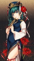Rule 34 | 1girl, alternate costume, asymmetrical hair, blue eyes, braid, china dress, chinese clothes, dress, earrings, flower, green hair, hair flower, hair ornament, hat, highres, jewelry, looking at viewer, monety, open mouth, shiki eiki, short hair, side slit, solo, spider lily, thighs, touhou