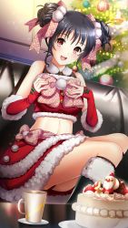 Rule 34 | 1girl, :d, black footwear, black hair, boots, bow, cake, christmas, christmas tree, crop top, detached sleeves, double bun, doukyuusei 2, doukyuusei another world, food, frilled sleeves, frills, from below, fur-trimmed boots, fur-trimmed skirt, fur-trimmed sleeves, fur trim, game cg, hair bobbles, hair bun, hair ornament, hair ribbon, holding, layered skirt, long sleeves, looking at viewer, medium hair, midriff, miniskirt, narusawa yui, official art, open mouth, panties, pantyshot, pink bow, pink ribbon, print bow, print ribbon, red eyes, red panties, red skirt, ribbon, sidelocks, sitting, skirt, sleeves past wrists, smile, solo, stomach, underwear