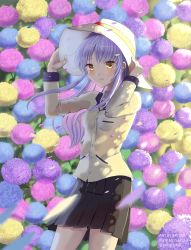 Rule 34 | 1girl, angel beats!, blush, breasts, flower, hair between eyes, hat, highres, holding, holding clothes, holding hat, key (company), long hair, long sleeves, looking at viewer, open mouth, petals, sayuui, school uniform, silver hair, skirt, small breasts, smile, solo, standing, tenshi (angel beats!), yellow eyes