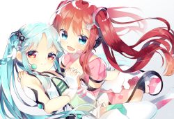 Rule 34 | 2girls, :d, black shorts, blue eyes, blue hair, blush, braid, breasts, cleavage, closed mouth, commentary request, copyright request, detached sleeves, dress, gloves, gradient background, grey background, hair ornament, headset, holding hands, interlocked fingers, koori, long hair, long sleeves, multiple girls, open mouth, parted bangs, pink dress, puffy short sleeves, puffy sleeves, red eyes, red hair, see-through, short shorts, short sleeves, shorts, shorts under dress, siblings, sisters, smile, thighhighs, twintails, very long hair, white background, white dress, white gloves, white legwear