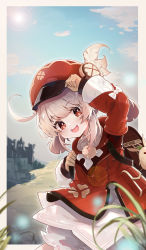 Rule 34 | 1767670605, 1girl, :d, absurdres, adjusting clothes, adjusting headwear, ahoge, backpack, bag, bag charm, bloomers, blue sky, blurry, brown gloves, brown scarf, charm (object), child, cloud, cloudy sky, coat, commentary request, depth of field, dodoco (genshin impact), genshin impact, gloves, hair between eyes, hat feather, hat ornament, highres, klee (genshin impact), light brown hair, long hair, long sleeves, looking at viewer, low twintails, open mouth, pocket, randoseru, red coat, red eyes, red headwear, scarf, sidelocks, sky, skyline, smile, solo, sun, sunlight, twintails, underwear