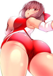 Rule 34 | 10s, 1girl, ass, bare shoulders, blouse, blush, bow, breasts, brown hair, cameltoe, female focus, from behind, from below, girls und panzer, gluteal fold, highres, huge ass, kondou taeko, kuku123, large breasts, looking at viewer, looking down, open mouth, red eyes, red shirt, shiny clothes, shiny skin, shirt, short hair, short shorts, shorts, sideboob, simple background, sleeveless, sleeveless shirt, solo, thighs, white background
