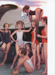 Rule 34 | 6+girls, absurdres, aircraft, airplane, all fours, barefoot, black one-piece swimsuit, blue eyes, breasts, brown eyes, brown hair, collarbone, day, feet, flat chest, full body, hair ornament, hand on own hip, highres, long hair, medium breasts, multiple girls, murata range, one-piece swimsuit, open mouth, orange one-piece swimsuit, original, outdoors, red one-piece swimsuit, short hair, sitting, small breasts, standing, swimsuit, toes, twintails, white one-piece swimsuit