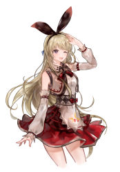 Rule 34 | 1girl, 96dgd, ;d, absurdres, animal ears, apron, arm at side, bare shoulders, blue ribbon, bow, bowtie, braid, breasts, character request, collared shirt, cowboy shot, cropped jacket, detached sleeves, dress, elsword, fake animal ears, french braid, hair ribbon, half updo, hand up, highres, jacket, legs apart, long hair, looking at viewer, one eye closed, open clothes, open jacket, open mouth, purple eyes, rabbit ears, red bow, red bowtie, ribbon, salute, shirt, simple background, skirt, skirt set, sleeveless, sleeveless shirt, smile, solo, teeth, very long hair, waist apron, white background