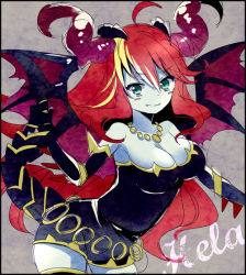 Rule 34 | 1girl, ahoge, aqua eyes, bare shoulders, black dress, black gloves, black thighhighs, blonde hair, blue skin, border, breasts, character name, cleavage, collarbone, colored skin, demon girl, demon horns, demon tail, demon wings, dress, elbow gloves, english text, engrish text, facial mark, fangs, gloves, grey background, hera (p&amp;d), holding, holding own tail, holding with tail, horns, hoshino (nia hoshino), jewelry, large breasts, long hair, multicolored hair, necklace, prehensile tail, puzzle &amp; dragons, ranguage, red hair, sleeveless, sleeveless dress, smile, solo, tail, text focus, texture, thighhighs, two-tone hair, wings, zettai ryouiki