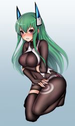 Rule 34 | 1girl, absurdres, black gloves, black thighhighs, blue background, blush, bodysuit, borrowed character, breast hold, breasts, covered navel, covering privates, embarrassed, fingerless gloves, framed breasts, full body, gloves, gradient background, green hair, hair between eyes, hakuduki18, headgear, highres, kneeling, large breasts, long hair, menou kaname (taishi), open mouth, original, purple eyes, shorts, single thighhigh, solo, thighhighs, two-tone background, vest, white shorts