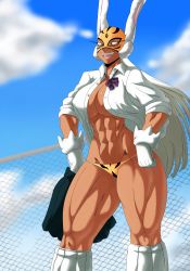 Rule 34 | 1girl, absurdres, boku no hero academia, breasts, rabbit, charge sol, dark skin, gloves, highres, large breasts, long hair, mask, mirko, muscular, muscular female, panties, rabbit ears, red eyes, school uniform, sky, socks, tagme, thick arms, thick thighs, thighs, tiger, tiger girl, tiger stripes, underwear, vigilante -boku no hero academia: illegals-, white hair