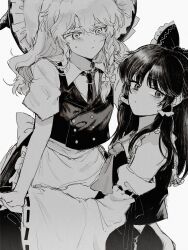 Rule 34 | 2girls, absurdres, apron, ascot, bow, braid, closed mouth, collared shirt, detached sleeves, expressionless, frilled bow, frilled hair tubes, frills, greyscale, hair bow, hair tubes, hakurei reimu, hashtag-only commentary, highres, holding hands, kirisame marisa, long hair, looking at another, monochrome, multiple girls, ribbon-trimmed sleeves, ribbon trim, shirt, simple background, single braid, stardustreverle, sweatdrop, touhou, vest, waist apron, white background, yuri