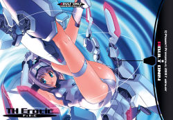 Rule 34 | 1girl, armpits, arms up, ass, blue eyes, cover, elbow gloves, covered erect nipples, exelica, flat chest, gloves, kneepits, legs, legs up, long legs, mecha musume, open mouth, purple hair, sasayuki, sayasuki, short hair, solo, thigh strap, thighs, trigger heart exelica