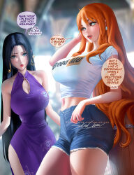 Rule 34 | 2girls, bare arms, bare legs, bare shoulders, black hair, blue eyes, blush, boa hancock, breasts, denim, denim shorts, dress, earrings, english text, female focus, jewelry, large breasts, long hair, looking at another, multiple girls, nami (one piece), one piece, orange eyes, orange hair, sakimichan, shirt, shorts, snake earrings, speech bubble, thick thighs, thighs, very long hair