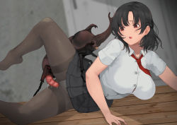 Rule 34 | 1girl, :o, absurdres, arm support, beetle, bestiality, black hair, breasts, bug, censored, highres, imminent penetration, insect, large breasts, lying, mosaic censoring, necktie, on side, open mouth, original, panties, pantyhose, penis, pleated skirt, red eyes, red necktie, rhinoceros beetle, ryu64, ryu insect, school uniform, shirt, skirt, underwear, white panties, white shirt