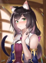 Rule 34 | 1girl, animal ear fluff, animal ears, artist name, blush, cat ears, cat girl, cat tail, closed mouth, commentary request, detached sleeves, green eyes, hand up, heart, high collar, highres, indoors, karyl (princess connect!), konata (knt banri), long hair, looking at viewer, low twintails, multicolored hair, princess connect!, solo, streaked hair, tail, twintails, white hair, window
