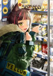 Rule 34 | 1girl, :d, animal ears, bad id, bad pixiv id, bag, blunt bangs, blush, bob cut, brown hair, can, cat ears, cat girl, coat, coca-cola, commentary, convenience store, drink can, english text, eyepatch, fang, from behind, fur-trimmed hood, fur trim, fur trimm, green coat, h shai, hair ornament, hairclip, highres, hood, hooded coat, long sleeves, looking at viewer, looking back, medical eyepatch, multicolored hair, one eye covered, one side up, open mouth, original, pink hair, shop, short hair, smile, soda can, solo, streaked hair, symbol-only commentary, upper body, yellow eyes