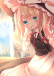 Rule 34 | 1girl, alternate hairstyle, apron, black vest, blonde hair, blue eyes, blush, bow, braid, cacao (cacaomgmg), collared shirt, commentary request, hair bow, hat, hat bow, highres, kirisame marisa, long hair, long sleeves, looking at viewer, neck ribbon, open mouth, red bow, red ribbon, ribbon, shirt, side braid, single braid, smile, solo, touhou, twintails, vest, waist apron, white bow, witch hat