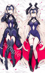 Rule 34 | 1girl, armor, armored boots, arms up, asymmetrical legwear, black panties, blush, boots, breasts, capelet, chain, dakimakura (medium), dress, elbow gloves, fate/grand order, fate (series), faulds, finger to mouth, fur-trimmed gloves, fur-trimmed legwear, fur trim, gauntlets, gloves, hatoyama itsuru, headpiece, highres, jeanne d&#039;arc (fate), jeanne d&#039;arc (ruler) (fate), jeanne d&#039;arc alter (avenger) (fate), jeanne d&#039;arc alter (avenger) (third ascension) (fate), jeanne d&#039;arc alter (fate), large breasts, long hair, lying, multiple views, open mouth, pale skin, panties, panty pull, petals, purple dress, sample watermark, side-tie panties, silver hair, single thighhigh, thighhighs, tongue, tongue out, underwear, uneven legwear, very long hair, watermark, yellow eyes