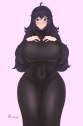 Rule 34 | 1girl, absurdres, alternate breast size, black dress, breasts, creatures (company), curvy, dress, fraankyy, game freak, hands on own chest, hex maniac (pokemon), highres, huge breasts, large breasts, long dress, looking at viewer, messy hair, nail polish, nintendo, penis, pokemon, pokemon xy, purple eyes, purple hair, socks, solo, standing, thick thighs, thighs, wide hips