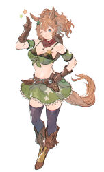 Rule 34 | 1girl, ;p, animal ears, armband, bandeau, bikini, bikini top only, bikini under clothes, black thighhighs, boots, brown footwear, brown gloves, brown hair, commentary, cowboy boots, cowboy hat, cowboy western, detached sleeves, front-tie top, full body, gloves, green armband, green bandeau, green skirt, gun, hair ornament, hand on own hip, hand up, handgun, hat, unworn hat, unworn headwear, highres, holstered, horse ears, horse girl, horse tail, leather, leather belt, leather gloves, miniskirt, navel, one eye closed, ponytail, red scarf, revolver, salute, scarf, shimatani azu, simple background, skirt, solo, standing, star (symbol), star hair ornament, swimsuit, taiki shuttle (umamusume), tail, thighhighs, tongue, tongue out, two-finger salute, umamusume, weapon, white background