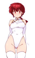 Rule 34 | 1girl, alternate eye color, batta 16-sei, braid, braided ponytail, breasts, chinese clothes, covered navel, cowboy shot, curvy, expressionless, highleg, highleg leotard, highres, large breasts, leotard, long hair, looking at viewer, ranma-chan, ranma 1/2, red eyes, red hair, revealing clothes, shiny skin, signature, single braid, sitting, sitting on person, solo, thong leotard, white leotard, wide hips