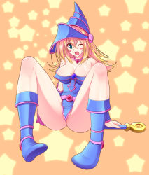 Rule 34 | 1girl, ;d, aqua eyes, bare shoulders, blonde hair, blue footwear, blush stickers, boots, breasts, choker, cleavage, collarbone, dark magician girl, duel monster, full body, hat, highres, large breasts, one eye closed, open mouth, orange background, pentacle, pentagram, revealing clothes, ruton-niki, smile, staff, star (symbol), starry background, teeth, wink, wizard hat, yu-gi-oh!, yuu-gi-ou, yu-gi-oh! duel monsters