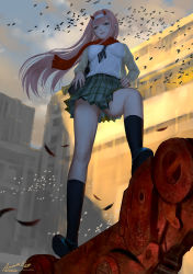 Rule 34 | 10s, 1girl, ariverkao, artist name, bird, breasts, darling in the franxx, dated, feathers, full body, hairband, horns, loafers, long hair, medium breasts, pink hair, scarf, school uniform, shoes, signature, skirt, socks, solo, standing, upskirt, white hairband, wind, zero two (darling in the franxx)