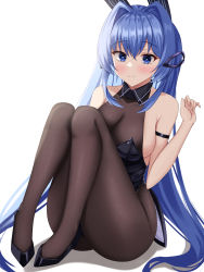 Rule 34 | 1girl, absurdres, azur lane, blue hair, cleavage, full body, high heels, highres, knees up, kuon (kuon), leotard, long hair, new jersey (azur lane), new jersey (exhilarating steps!) (azur lane), official alternate costume, playboy bunny, see-through, see-through cleavage, simple background, sitting, smile, very long hair, white background