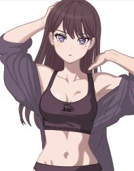 10s 1girl artist_request bang_dream! bang_dream!_it&#039;s_mygo!!!!! bare_shoulders black_hair black_panties black_tank_top blush breasts cleavage collarbone long_hair looking_at_viewer medium_breasts mole mole_under_eye open_mouth panties purple_eyes shiina_taki solo tagme tank_top underwear undressing