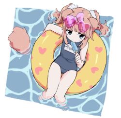 1girl afloat blue_eyes blush bow child coupon_(skyth) flat_chest food hair_bow heart innertube kickboard one-piece_swimsuit original pool popsicle school_swimsuit soaking_feet solo swim_ring swimsuit twintails wading water