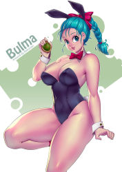 Rule 34 | 1980s (style), 1girl, animal ears, aqua hair, arm at side, arm support, bare arms, bare legs, bare shoulders, black leotard, blue eyes, bokuman, bow, bowtie, braid, braided ponytail, breasts, bulma, character name, cleavage, closed mouth, covered navel, curvy, detached collar, dragon ball, dragon ball (classic), dragon radar, fake animal ears, feet out of frame, female focus, hair ribbon, hand up, highres, holding, large breasts, leotard, lips, long hair, looking at viewer, oldschool, playboy bunny, ponytail, rabbit ears, rabbit tail, red bow, red bowtie, red ribbon, retro artstyle, ribbon, shiny skin, smile, standing, standing on one leg, strapless, strapless leotard, thick thighs, thighs, wrist cuffs