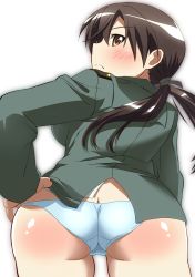 Rule 34 | 1girl, ass, blush, brown eyes, brown hair, butt crack, frown, gertrud barkhorn, hand on own hip, highres, hip focus, long hair, looking back, military, military uniform, panimiiru, panties, simple background, solo, spanked, strike witches, trefoil, twintails, underwear, uniform, white panties, world witches series