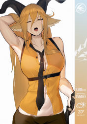 Rule 34 | 1girl, animal ears, anming, arknights, arm up, armpits, asymmetrical hair, asymmetrical sidelocks, bare arms, bare shoulders, belt buckle, black necktie, blonde hair, breasts, bright pupils, brown horns, buckle, buttons, chest harness, cleavage, collarbone, collared shirt, cowboy shot, crossed bangs, degenbrecher (arknights), double-parted bangs, dress shirt, eyelashes, film grain, goat ears, goat girl, goat horns, good morning, green pants, groin, hair between eyes, hair flowing over, half-closed eye, hand in own hair, hand on hilt, hand up, harness, highres, hilt, horns, large breasts, logo, long bangs, long hair, looking at viewer, midriff, mountain, navel, necktie, one eye closed, open mouth, orange shirt, pants, partially unbuttoned, shade, shadow, shirt, sidelocks, sleepy, sleeveless, sleeveless shirt, solo, standing, stomach, straight hair, stretching, teeth, temperature, timestamp, toned, tongue, underbust, upper teeth only, very long hair, weather, white pupils, wing collar, yawning, yellow eyes